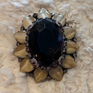 Statement Brooch with Large Oval Smoky To Faceted Center and Taupe Petal Accents